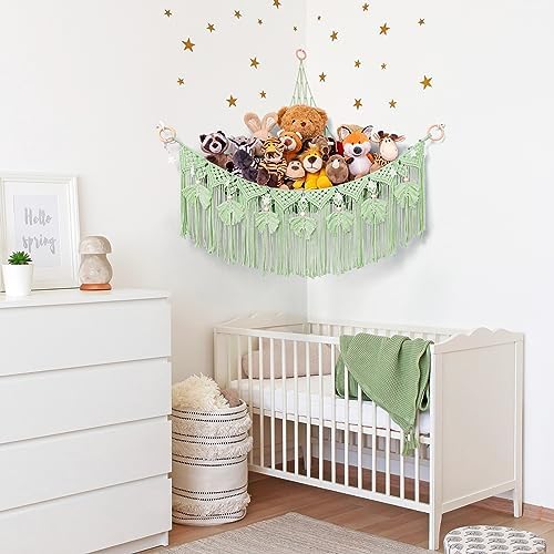 Macrame Stuffed Animal Storage with Star Light, Corner Hammock for Nursery - Image 3