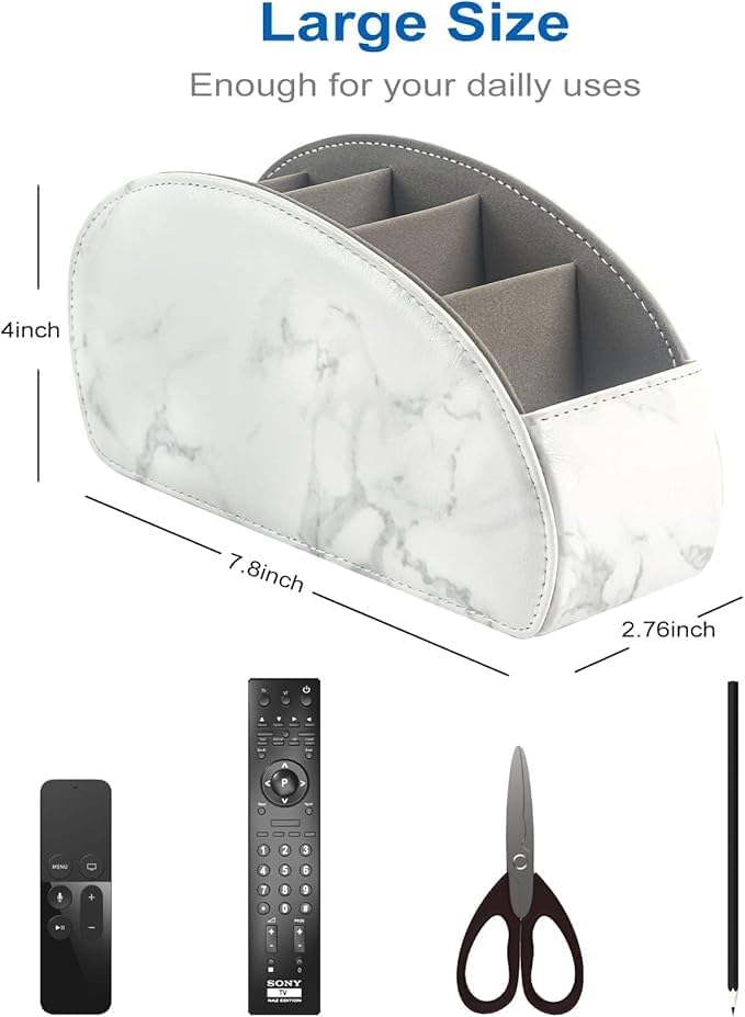 Remote Control Holder with 5 Compartments – [Upgrade Version] PU Leather Remote Caddy Desktop Organizer Store TV, DVD, Blu-Ray, Media Player, Smart Phones, Heater Controllers(Marble white) - Image 2