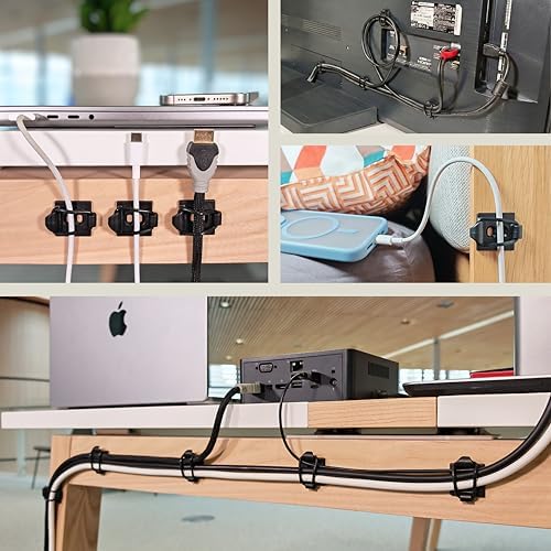 [Made in the UK] 30-Pack Adjustable Elastic Self-Adhesive Cable Tidy Clips, Cable Management Organiser for Office, Home, Under Desk, Behind TV, Charging Phone, Laptop, PC, HDMI, USB (BLACK) - Image 3