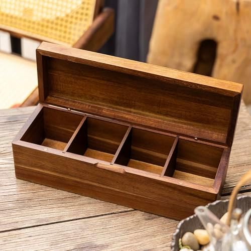 Acacia Wooden Tea Bag Organizers, Tea packet Storage Boxes, Tea Caddy for Tea Bags Chest, Teabag Holder Containers, Teabox Station Display, Organizador De Tes Caja Para Te, 4 Compartments - Image 6