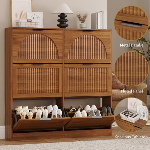 Fluted Shoe Storage Cabinet for Entryway, 6 Flip Drawers, Walnut - Image 5