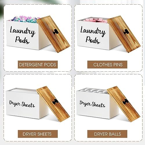 Dandat 2 Pcs Wood Rustic Laundry Dryer Sheet Holder Pod Container with Lid 8.7 x 6.3 x 6.4 Inch Laundry Pod Holder 7.3 x 3.7 x 5 Inch Dryer Sheet Dispenser Wooden Box Container(White) - Image 3