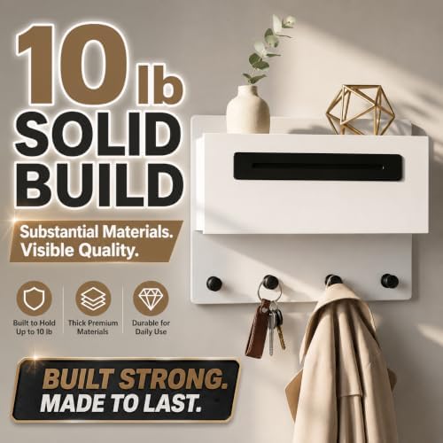 Wall Mounted Entryway Organizer with Drawer, Storage Shelf, Light and Coat Hooks, Entryway Drop Zone for Keys, Mail and Bags, Matte Warm White - Image 6