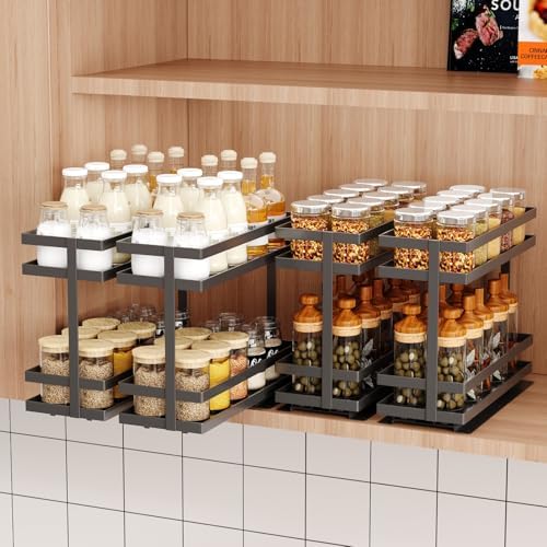 Mustorn 4 Pack Pull Out Spice Rack Organizer for Cabinet, 2 Tier Metal Slide Out Seasoning Organizer and Storage Heavy Duty Vertical Spice Rack Shelf Pullout for Kitchen Cabinets No Drilling (Black) by MUSTORN