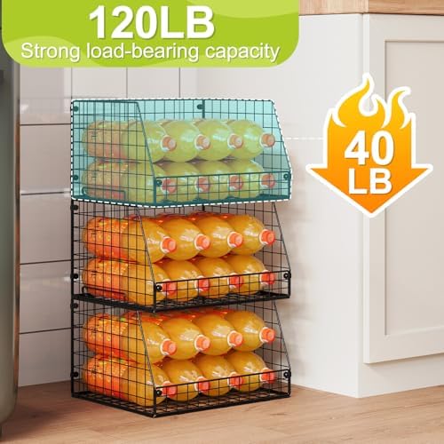 3 Pack XXL Stackable Wire Baskets, Large Storage Bins for Onion, Potato, Vegetable, Fruit, Snack, Pantry Baskets for Kitchen Cabinet Countertop, Pantry Organizers and Storage Solutions - Image 3