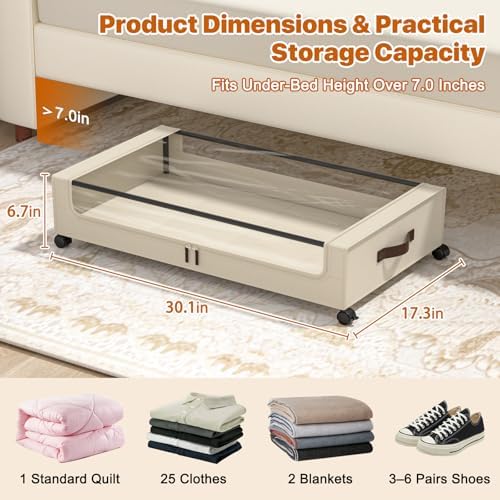 Under Bed Storage with Wheels,XXL 60L Under Bed Storage Containers with Clear Lids, Rolling Under Bed Metal Drawer for Clothes, Shoes,Toys (White, 2 Pack) - Image 2