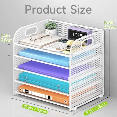 Cawukege 2 Pack 5 Tier Paper Organizer, Letter Tray with Handle, Mesh Desk Organizer, Metal File Organizer, Office Desk Accessories for Home, Office, Classroom, School (White, 2) - Image 5