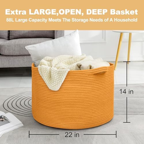 MEGASKET Extra Large Orange Basket, 22" X 22" X 14" Woven Cotton Rope Bins for Blankets, Baby Nursery Wicker Laundry Towel Basket, Kids Dog Toy Storage Box, Big Orange Living Room Decor Organizer - Image 3