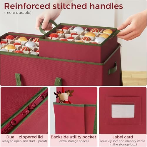 160-3” Large Christmas Ornament Storage Box, Dual Zippers, Stackable Christmas Storage Container with Lid, 6 Trays, 600D Oxford, 160-3”, Red - Image 6