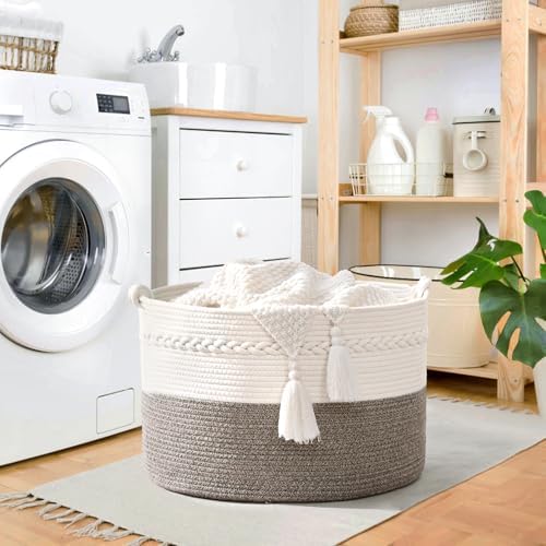 67L Large Blanket Basket, 20"x13" Woven Storage Baskets With Handle, Cotton Rope Blanket Basket Living Room, Baby Laundry hamper for Blanket, Nursery, Toy, Pillow (White & Grey) - Image 2