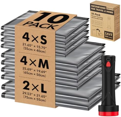 MEIQIHOME 10 Pack PackEase Travel Vacuum Bags 1500mAh Wireless Pump, 80% Compression Space Saver for Luggage, Clear PA+PE Reusable Seal Bags for Clothes, Portable Electric Air Pump for Travel & Home by MEIQIHOME