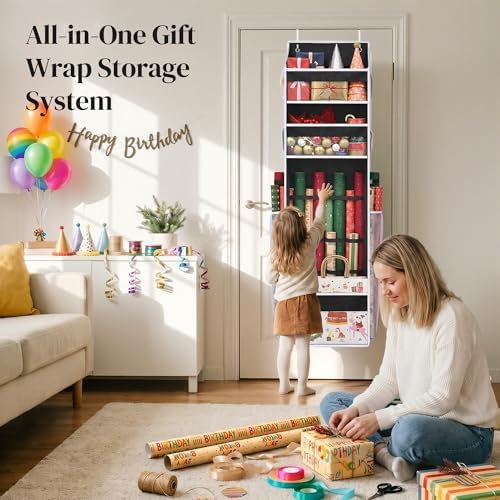 Wrapping Paper Storage Organizer – Over The Door Hanging Gift Wrap Holder for 15-30" Rolls, Space Saving Closet Organizer for Christmas, Halloween, Birthday with Side Mesh Pockets Black - Image 6