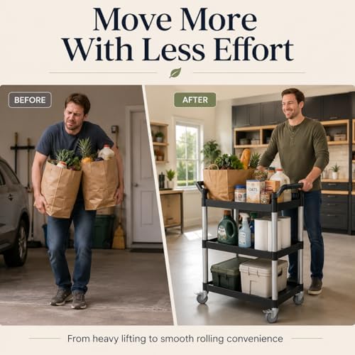 3-Tier Rolling Utility Cart with 2 Locking Brakes, 520 Lbs Heavy Duty 31.5"x15.7"x40.6" Commercial Service Cart, Tangle-Free Silent Wheels for Home, Office, Restaurant, Warehouse, Kitchen - Image 2
