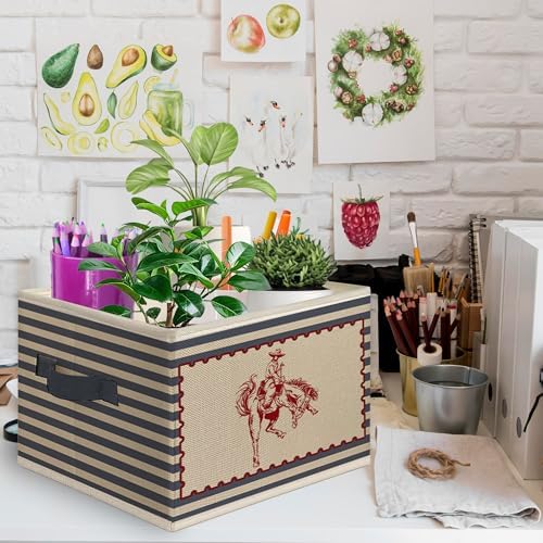 Western Cowboy Nursery Foldable Storage Bins Box with Handles, Retro Blue Striped Western Collapsible Toys Books Clothes Organizer Basket for Kids Boy Nursery Room Bedroom Bathroom Playroom - Image 2
