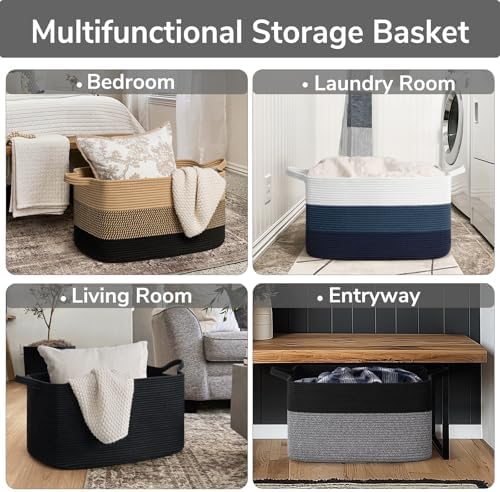 Goodpick Large Woven Rope Blanket Basket, Rectangle, Black & Gray - Image 4