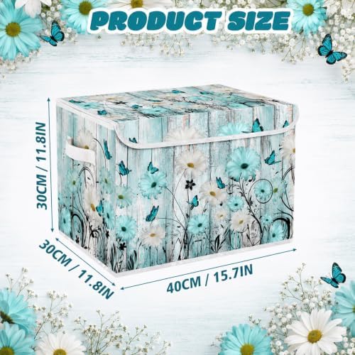 Briwooody Blue Daisy Storage Bin with Lid and Carrying Handle Floral Butterfly Foldable Storage Box Large Farmhouse Decorative Collapsible Container Basket for Organizing Closet Home Bedroom Gift - Image 2