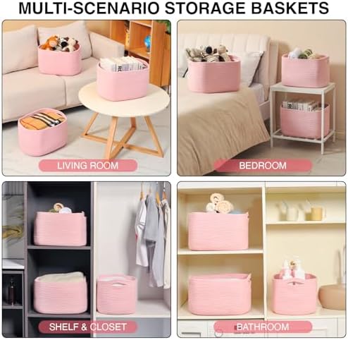ICERZCZ Storage Baskets for Organizing Shelves, Pink Basket for Nursery, Woven Cotton Rope Baskets for Storage, Towel Basket for Bathroom, 15"x11"x9.5", 3 Packs, Light Pink - Image 5