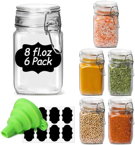 ComSaf Square Small 8 oz Glass Spice Jars with Airtight Lids 6 Pack Pantry by ComSaf