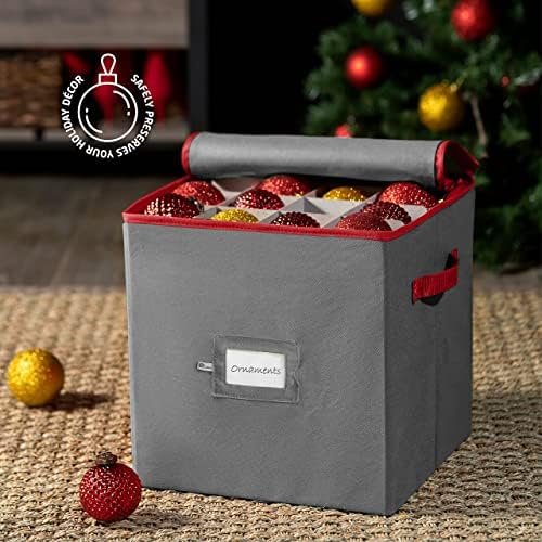 ZOBER Christmas Ornament Storage Box - Stores 64 3" Ornaments, With Dividers - Ornament Organizer Storage Box, Durable Christmas Containers Holder, Dual Zipper - Gray - Image 2