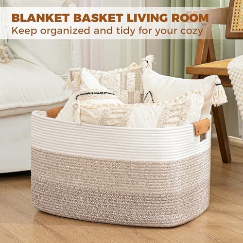 danpinera 108L Large Blanket Basket for Living Room, Woven Storage Basket with Leather Handles, Cotton Rope Storage Organization in Nursery for Toys & Clothes 25 ''* 16 ''*16 '', Gradient Brown - Image 4