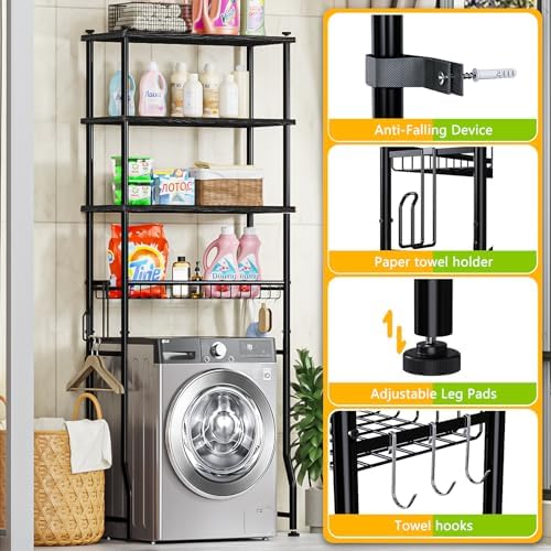 Mlinavn Over-The-Toilet Storage Rack, 4-Tier Bathroom Organizer Shelf Over Toilet with Adjustable Shelf and Basket, Freestanding Space Saver Bathroom Shelves Above Toilet for Room (Black) - Image 6