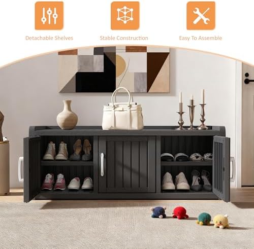 2-Tier Storage Bench, Waterproof UV-Resistant Outdoor Shoe Storage Cabinet with 3 Doors & Adjustable Shelves for Indoor Outdoor Entryway, Hallway, Living Room (Classic Black) - Image 3