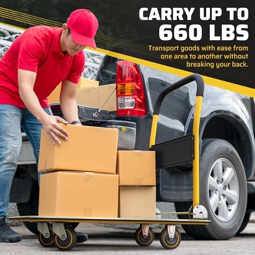 Heavy Duty Foldable Push Cart Dolly | 660 lbs. Capacity | Upgraded Collapsible Hand Truck Folding Platform with Swivel Wheels | Flat Bed Moving Wagon | Space Saving Push Handle (Yellow) - Image 4