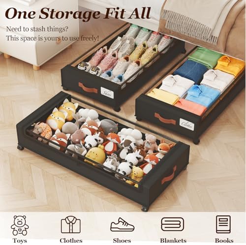 Yecaye 70 L Under Bed Storage with Wheels, 3 Pack Larger Capacity Under Bed Storage Containers, Underbed Shoe Storage Organizer, Rolling Under Bed Metal Drawers for Clothes, Blankets, Black - Image 6
