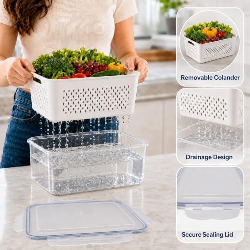 5 Pack Large Fruit Storage Containers for Fridge with Removable Colander - Image 3