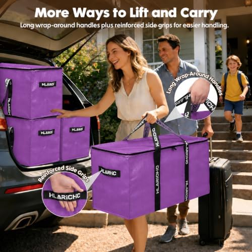 Heavy Duty Moving Bags 97L - Extra Large Storage Bags with Strong Zipper & Comfortable Handles, Packing Boxes for Moving House, College Dorm, 4 Pack, Purple, Virgin PE Material - Image 6