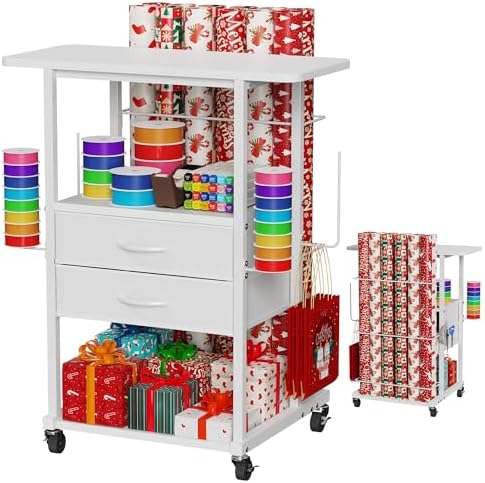 Wrapping Paper Storage Cart with 12 Rolls Wrapping Paper Organizer Holder, Rolling Craft Cart with 2 Fabric Drawer, Gift Wrapping Station with 4 Hooks Storage Ribbons and Gift Bags, Spave Saving by HomeOrganizerandStorage
