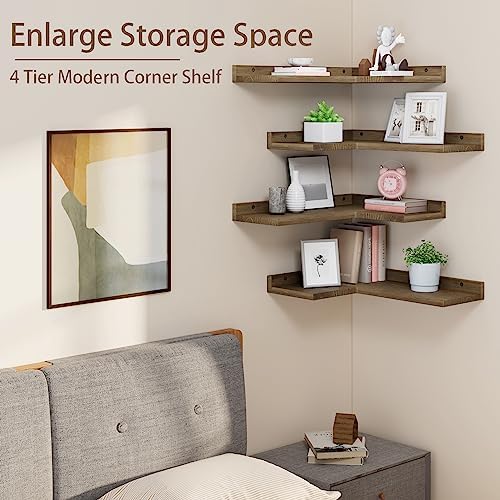 Floating Corner Shelves Set of 4, Rustic Pine Wooden Floating Corner Wall Shelf for Wall Décor Storage, L Shaped Corner Shelf Wall Mount For Bedroom, Living Room, Bathroom, Kitchen, Light Brown - Image 4