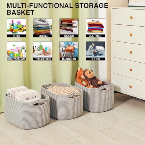 ICERZCZ Storage Baskets for Organizing Shelves, Woven Cotton Rope Bins for Baby Nursery Organization, Book Toy Towel Organizer, 15"x11"x9.5", 3 Packs, Grey - Image 4