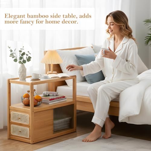 Tiita Rattan Nightstand, Bamboo End Table with Glass Top & Storage, Wood - Image 5