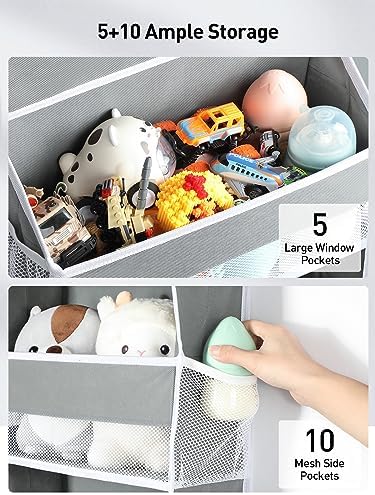Yecaye 1 Pc Over the Door Organizer with 5 Bins 10 Side Pockets, 44lbs Load Hanging Bathroom and Bedroom Organizer, behind the Door Hanging Organizers for Nursery Newborn Baby Essential Stuff Grey - Image 3