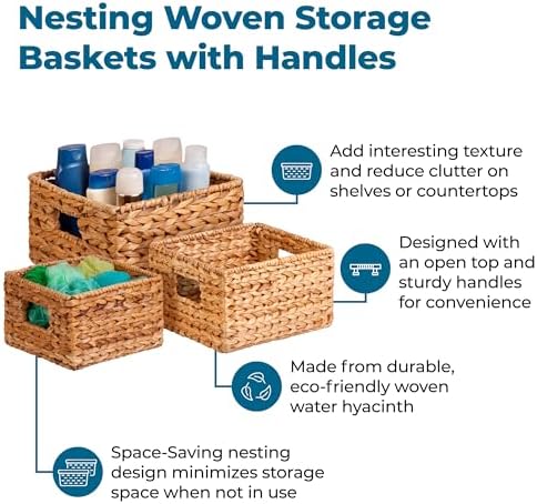 Honey-Can-Do Woven Water Hyacinth Wicker Storage Baskets, Nesting Set of 3, 9" L x 9" W x 6" H (Pack of 3) - Image 3