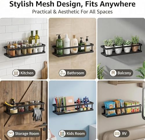 PUSDON 2-Pack 16.5" Extra Long Slim Shower Caddy, Adhesive Wall Mount Bathroom Organizer, Rustproof Open Frame Mesh Spice Rack for Kitchen, Holds 50LBS - Matte Black, Guardrail - Image 6