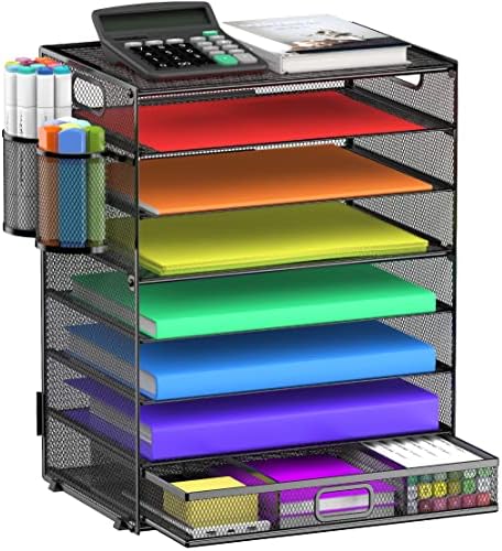 8 Tier Paper Letter Tray Organizer (Black-with Drawer,Pen Holders) by GoldOrcle
