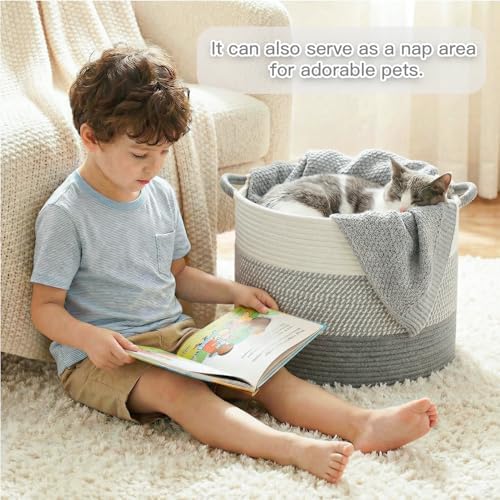 Artfeel 40L Large Cotton Rope Basket, Decorative Woven Blanket Storage for Living Room, Boho Toy Storage & Toy Box for Kids, Versatile Laundry Basket & Nursery Hamper for Blankets(Gery) - Image 3