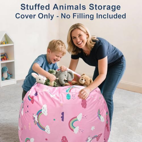Lukeight Unicorns Stuffed Animal Storage Bean Bag Chair Cover for Kids, Velvet Plush Toy Organizer Seat, Cover Only, No Filling Included, Long YKK Zipper, Side Pocket, X-Large 30"D x 18"H - Image 4