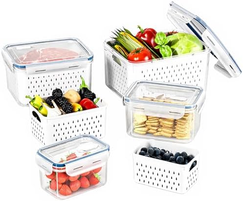 Fruit Storage Containers for Fridge with Removable Colander, Food Storage Containers with Lids, Dishwasher & Microwave Safe, Keep Berry Fruit Vegetable Meat Fresh Longer (Clear Body/Clear Lid) by Unknown