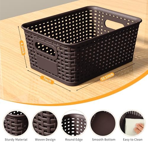 8 Pack Plastic Storage Baskets,Brown Stackable Storage Bins - Image 2