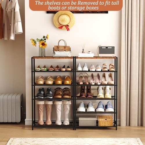 HOMEFORT Shoe Rack 6-Tier, Shoe Storage Shelf, Industrial Shoe Tower, Narrow Shoe Organizer for Closet Entryway, Small Shoe Rack Table with Durable Metal Shelves, Rustic Brown - Image 5
