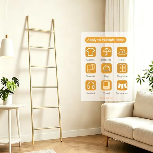 6-Tier Blanket Ladder 68 Inch Wall-Leaning Towel Rack for Living Room and Bedroom, Easy Assembly - Gold - Image 6