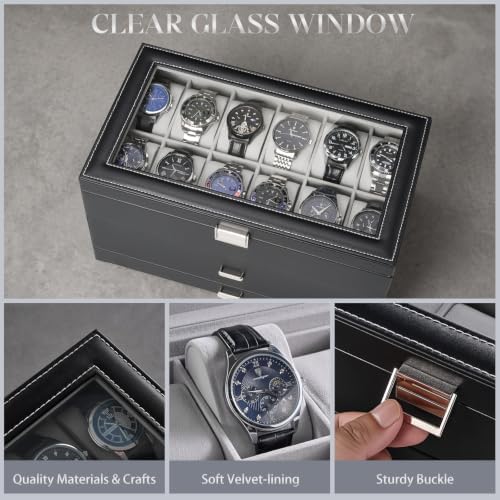 ProCase 3-Layer Watch Box with Glass Lid for Men, 24-Slot, Black - Image 5