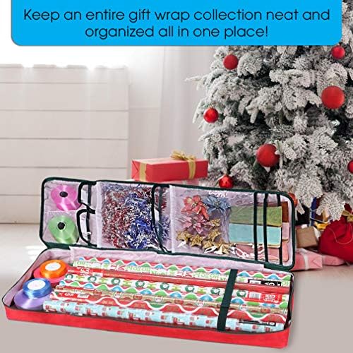 Christmas Wrapping Paper Storage Bag with Pockets | Gift Wrap Organizer Container | 37” x 14” x 4” | Underbed Durable Box Made of 600D Oxford Material (Red) - Image 5