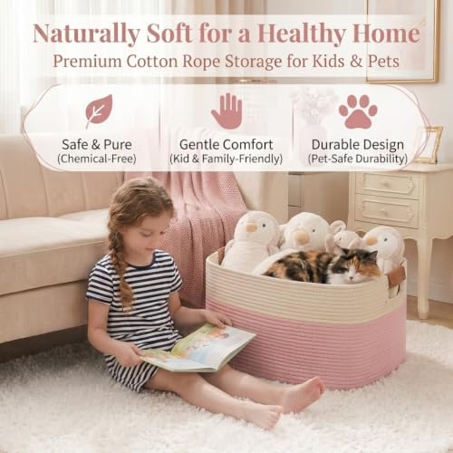 danpinera Large Woven Basket 25’’*16’’*16’’ Rectangle Woven Baskets for Storage, Storage for Living Room, Soft Cotton Rope Basket With Handle, Large Basket for Kids Dog Toys, 108L Pink+White - Image 3