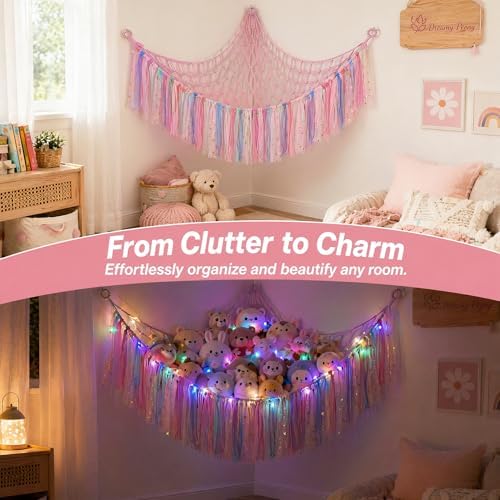 THIDARGO Stuffed Animal Hammock Storage Net with LED Lights, Colorful Tassels, 59in, for Kids Bedroom Nursery Playroom, Includes 3 Hooks (not including battery) (Peach Pink) - Image 3