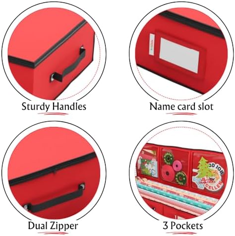 Primode Wrapping Paper Storage Container | Gift Wrap Organizer Under Bed | 41”x14”x6” | Fits 18-24 Rolls Up to 40” | 600D Oxford | Box Holder with Pockets for Ribbon, Bows and Accessories (Red) - Image 3