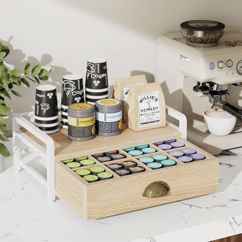 IBUYKE Tea Bag Organizer for Countertop,2 Tier Tea Box Organizer with Drawer,Wood Tea Bag Holder with Metal Frame,Tea Station Organizer for Kitchen Cabinet,Coffee Station,Office,Natural UTCJ004R - Image 3